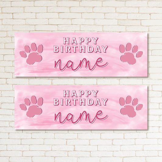 Set of 2 Personalised Happy Birthday Banners Prints Kid & Adult Party Pink Paws Wall Decor