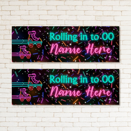 Set of 2 Personalised Neon Effect Roller Skates Party Kid & Adult Birthday Banner Decor