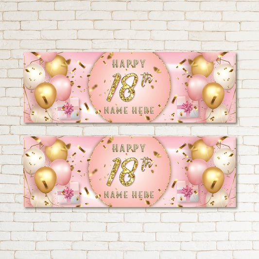 Set of 2 Personalised Gold Pink Kid & Adult Birthday 18TH Party Banner Event Wall Decor