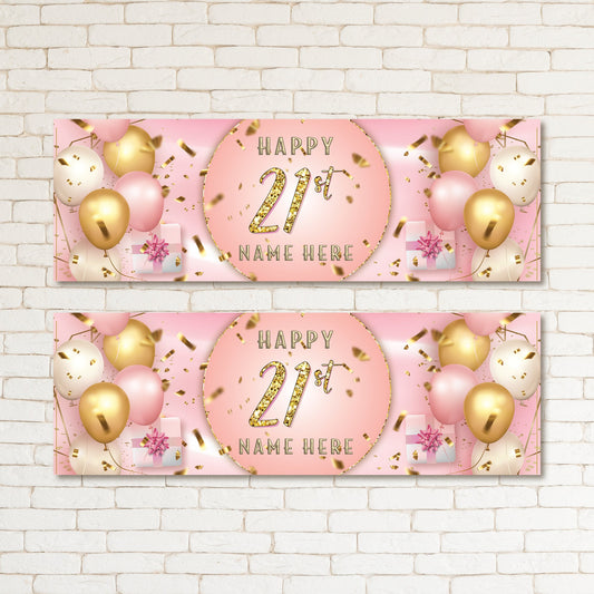 Set of 2 Personalised Gold Pink Kid & Adult Birthday 21ST Party Banner Event Wall Decor