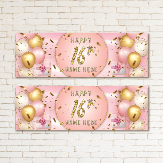 Set of 2 Personalised Gold Pink Kid & Adult Birthday 16TH Party Banner Event Wall Decor