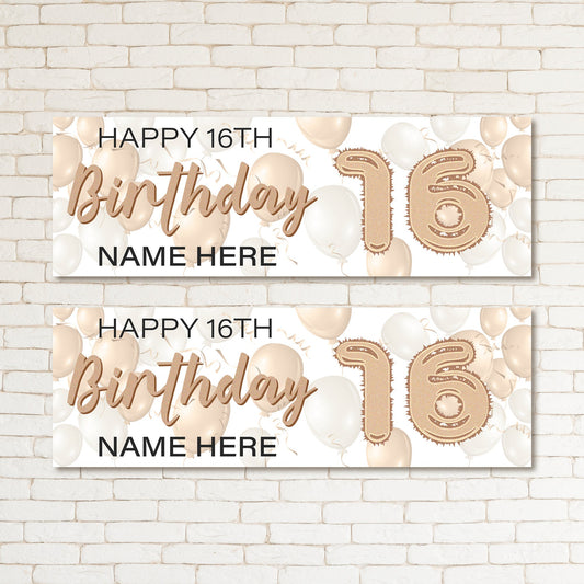 Set of 2 Personalised Gold White Kid & Adult Birthday 16th Party Banner Event Wall Decor