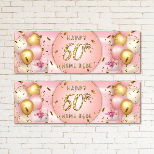 Set of 2 Personalised Pink Gold Kid & Adult 50TH Birthday Party Banner Event Walls Decor
