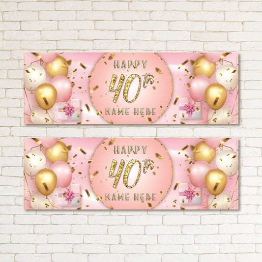 Set of 2 Personalised Pink Gold Adult 40th Birthday Party Banner Event Wall Decor