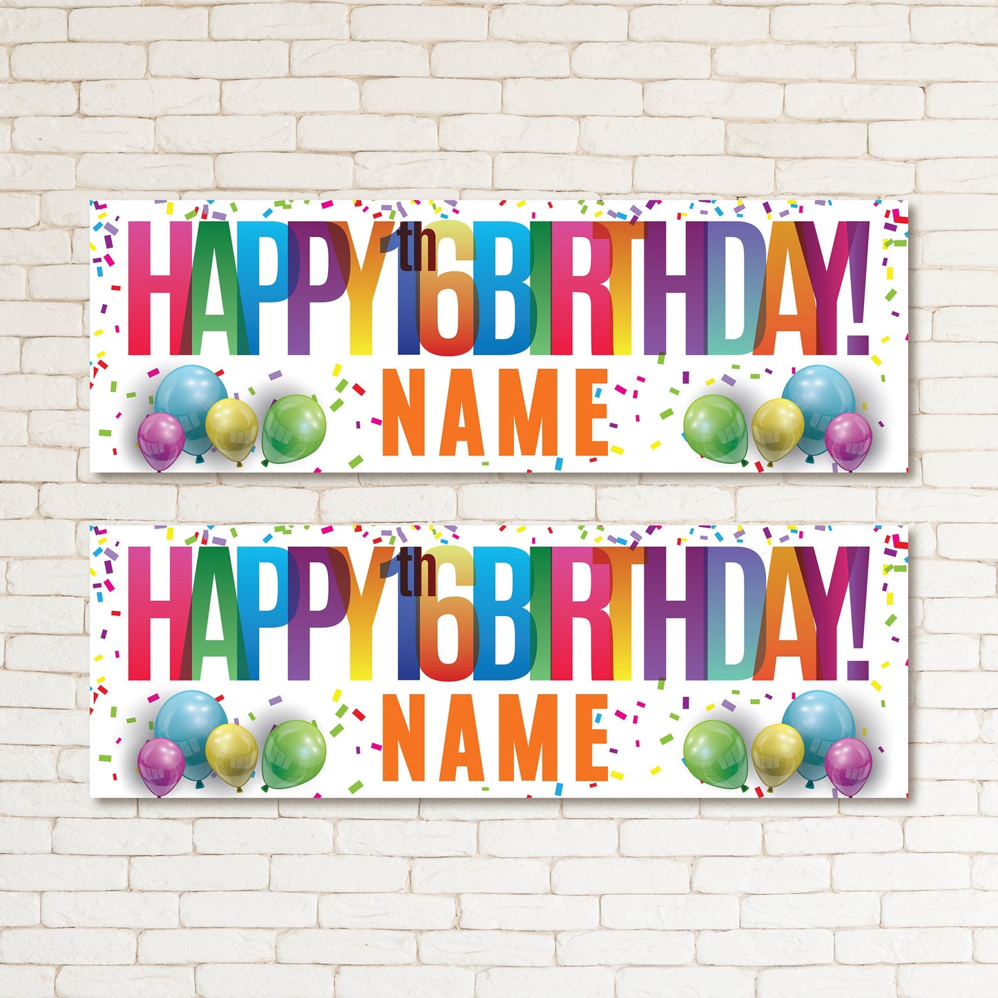 Set of 2 Personalised Party Multicoloured Rainbow Adult 16th Birthday Party Banner Event Wall Decor