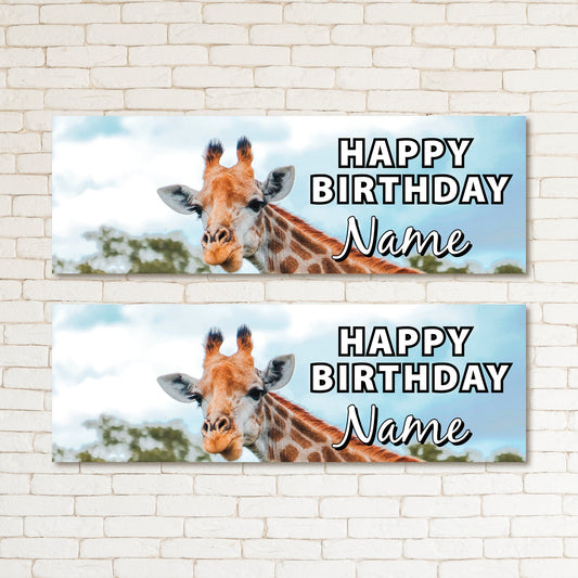 Set of 2 Personalised Giraffe Birthday Banner Kids Boys Girls & Adult Birthday Party Decoration Event Wall Decor