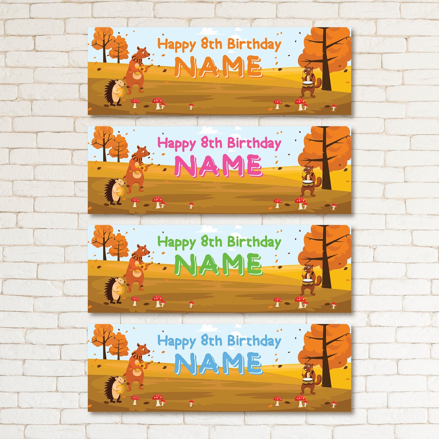 Set of 2 Personalised Woodland Animal Autumnal Theme Kids Boys Girls Birthday Banners Party Wall Decor