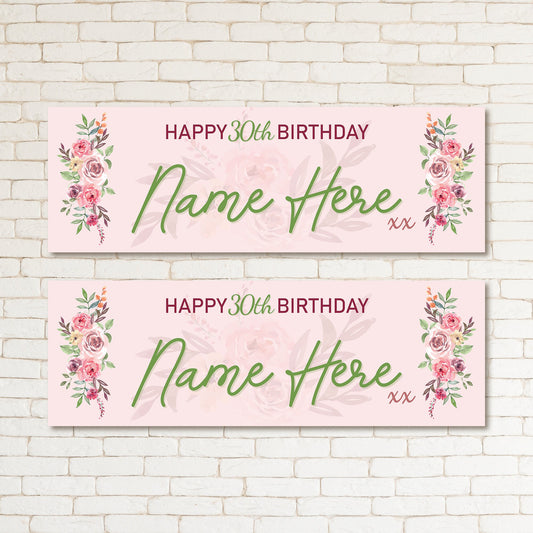 Set of 2 Personalised 30th Birthday Banners Sage Flowers Party Wall Decor