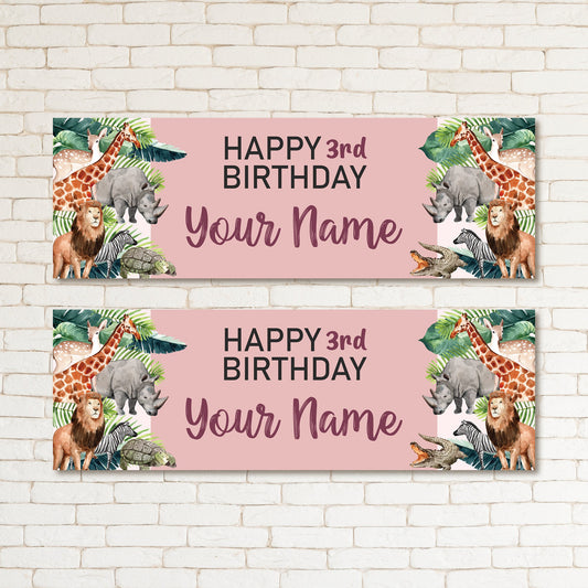 Set of 2 Personalised Wild One Safari Animals Kids Party Poster Birthday Banners Decor