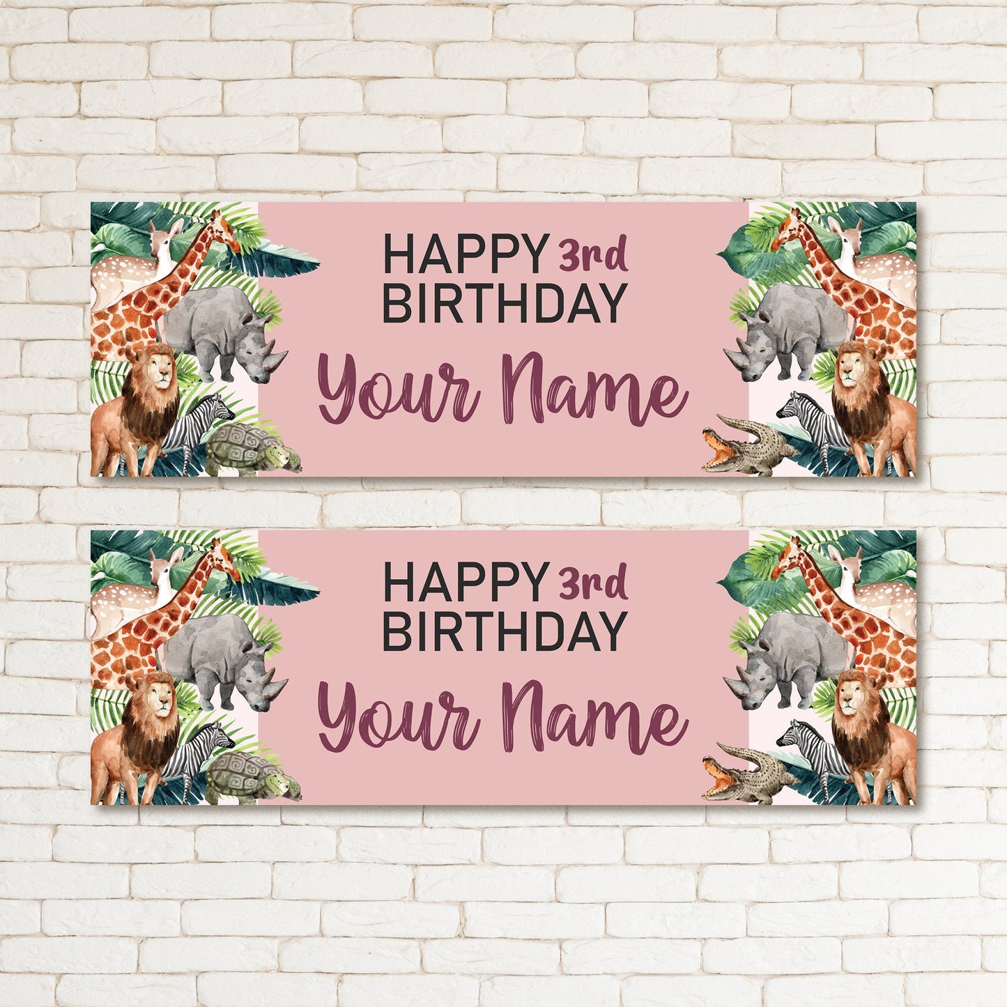 Set of 2 Personalised Wild One Safari Animals Kids Party Poster Birthday Banners Decor