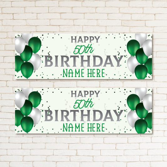 Set of 2 Personalised HAPPY BIRTHDAY Banners Party Posters Green & Silver Wall Decor