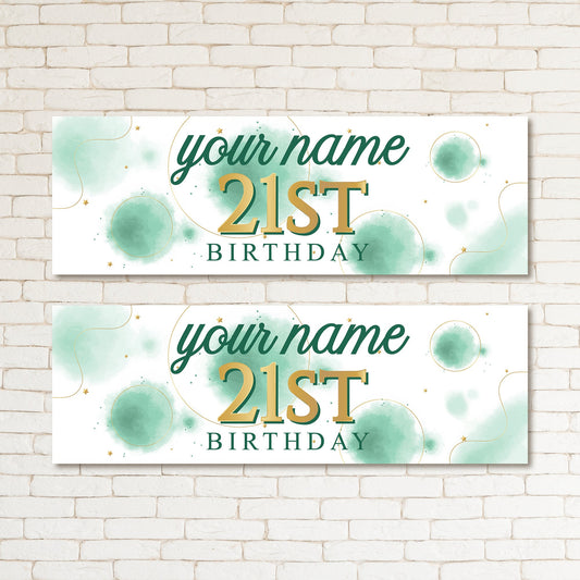Set of 2 Personalised Green Gold Party Kids Boys Girls & Adult 21st Birthday Banner Wall Decor