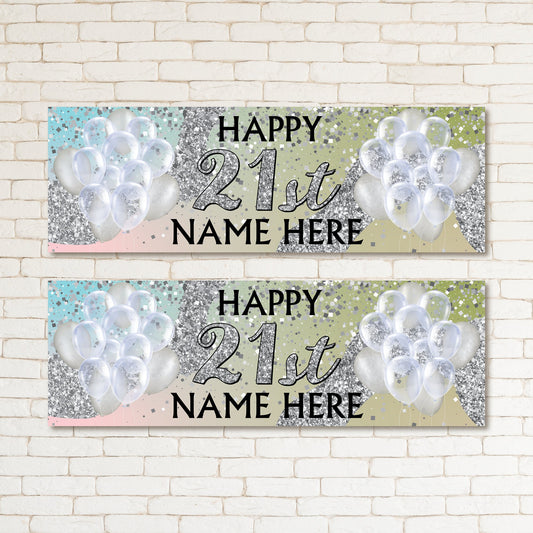 Set of 2 Personalised Silver Kid & Adult Birthday 21ST Banner Event Wall Decor