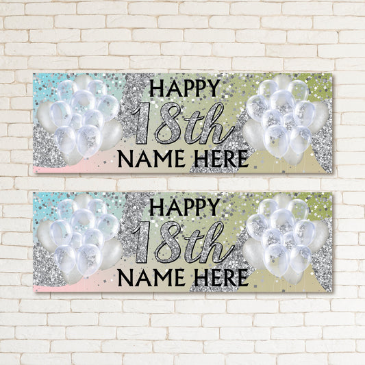 Set of 2 Personalised Silver Kid & Adult Birthday 18TH Party Banner Event Wall Decor