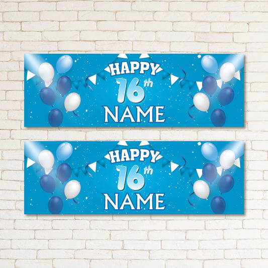 Set of 2 Personalised Blue Balloons Kid & Adult Birthday 16TH Party Banner Event Wall Decor
