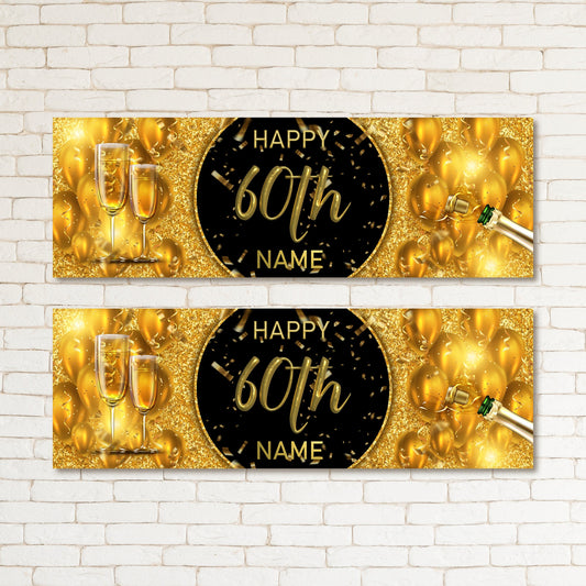 Set of 2 Personalised Black Gold 60th Birthday Party Banner Event Wall Decor
