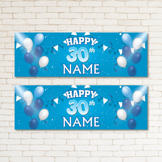 Set of 2 Personalised Blue Balloons Adult 30th Birthday Party Banner Event Wall Decor