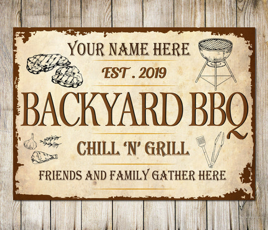 PERSONALISED Grilling Sign Backyard BBQ Friend, Family Custom Decor Metal Plaque 0001-B