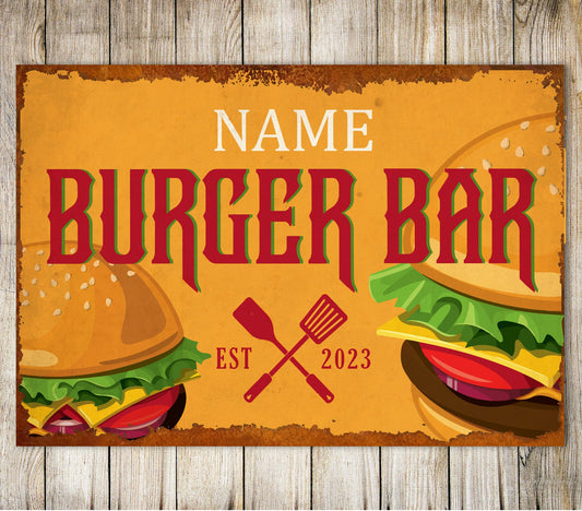 PERSONALISED Burger Bar Restaurant Sign Decor BBQ Sign Area Custom Plaque Gift Name Metal 0057