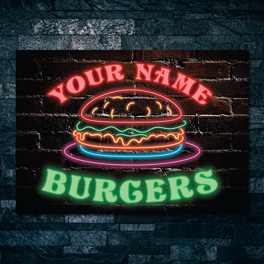 PERSONALISED Name Metal Burger Bar Restaurant Sign Decor BBQ Sign Area Neon Effect Custom Plaque Gift 0484