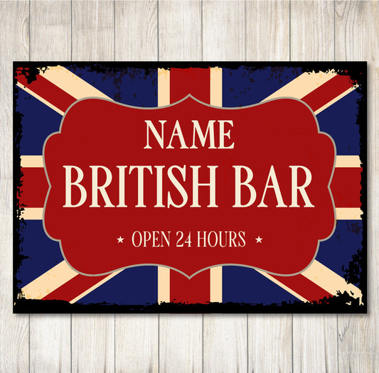 PERSONALISED British Bar Sign Union Jack Home Pub Man Cave Garage Metal Plaque 0068