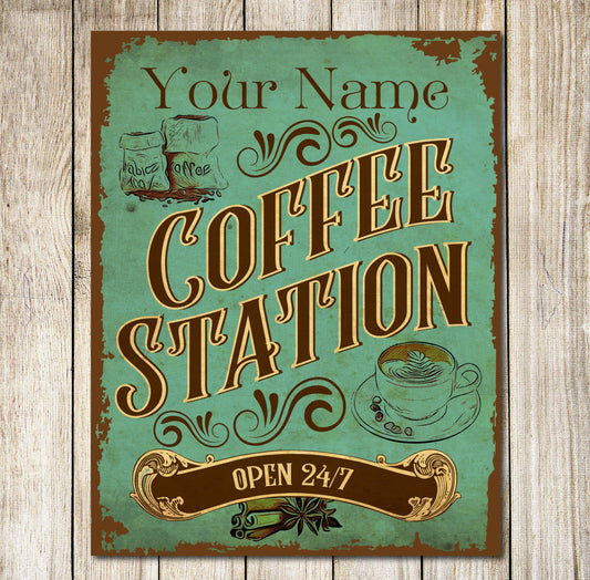 PERSONALISED Coffee Station Sign Bar Decor Home Decor Kitchen Sign Metal Plaque Gift 0728