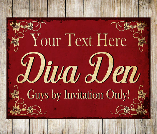 PERSONALISED Your Name Diva Den Metal Plaque Girls Only Custom Gift Sign Wall Door Decor