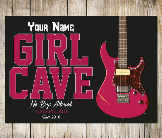 PERSONALISED Guitar Girl Cave No Boys Custom sign Wall Decor Metal Plaque 0040