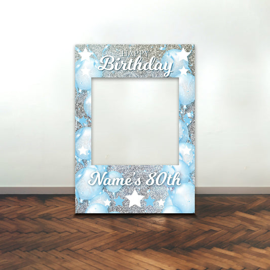 BIRTHDAY SELFIE FRAME Personalised Blue and Silver Balloon Name Age Selfie Frame Props Party Happy Birthday Decoration Party Supplies