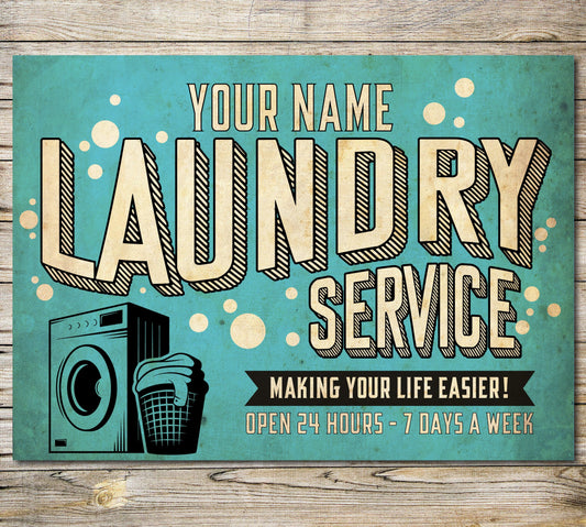 PERSONALISED Laundry Room Sign Self Service Wash Dry Fold Metal Plaque Customised Classic Housewarming Gift