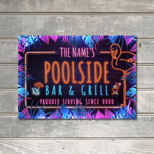 PERSONALISED Poolside BBQ Bar and Grill Outdoor Grilling Sign Friends Family Custom Decor Neon Effect Metal Plaque 0767-B
