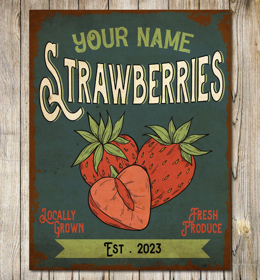 PERSONALISED Fresh Strawberry Metal Plaque Fresh Produce Fruit Berries Farmers Market Fruit Stalls Gardens Custom Farm Sign Wall Door Décor 0750-B