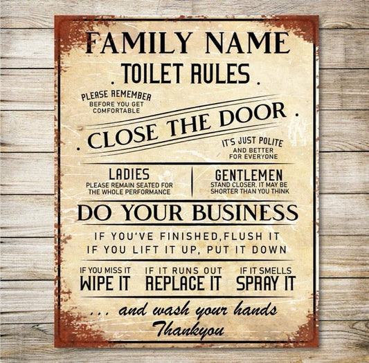 PERSONALISED Toilet WC Sign Metal Wall Door Signage Washroom Rule Vintage Plaque White 0141