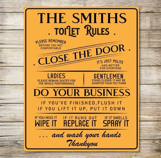 PERSONALISED Toilet WC Sign Metal Wall Door Signage Washroom Rule Vintage Plaque Yellow 0141