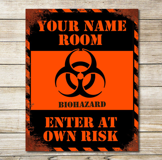 PERSONALISED Kids Rusty Style Room Biohazard Danger Enter at your Risk Sign Metal Plaque 0185