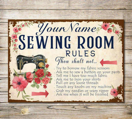 PERSONALISED Sewing Room Rules Sign Awesome Gift Wall Decor Metal Plaque