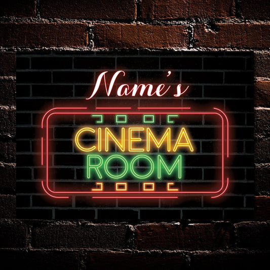 PERSONALISED Cinema Room with Brick Wall Neon Effect Sign Decor Metal Plaque 0465