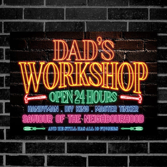 PERSONALISED Dad's Workshop Metal Sign Shed Garage Neon Effect Gift Idea Plaque 0509