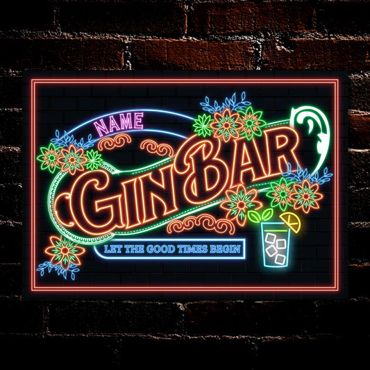 PERSONALISED Gin Bar Classic Metal Plaque Wall Door Signs Neon Effect Decor Plaque 0513