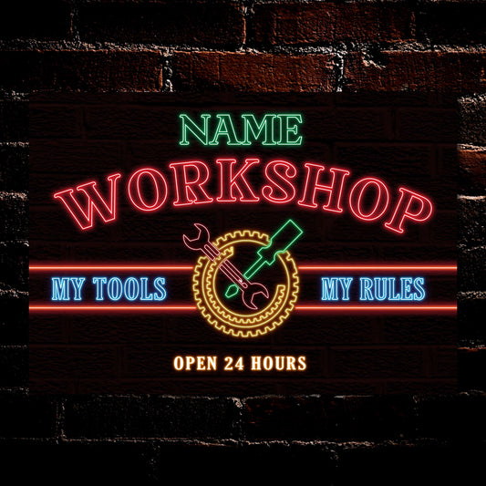 PERSONALISED Workshop Garage Shed Neon Effect Classic Signs Decor Metal Plaque 0520