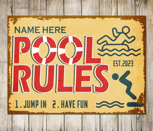 PERSONALISED Swimming Pool Rules Jump In Have Fun Sign Decor Metal Plaque 0643