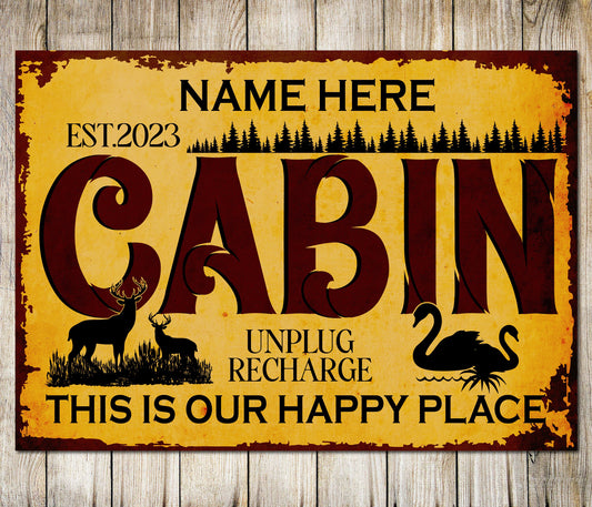 PERSONALISED Cabin, In the Forest Happy Place Sign Wall Decor Metal Plaque 0672