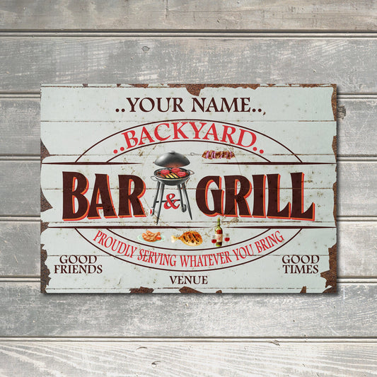 PERSONALISED Backyard BBQ Bar and Grill Outdoor Grilling Sign Friends Family Custom Decor Metal Plaque 0266