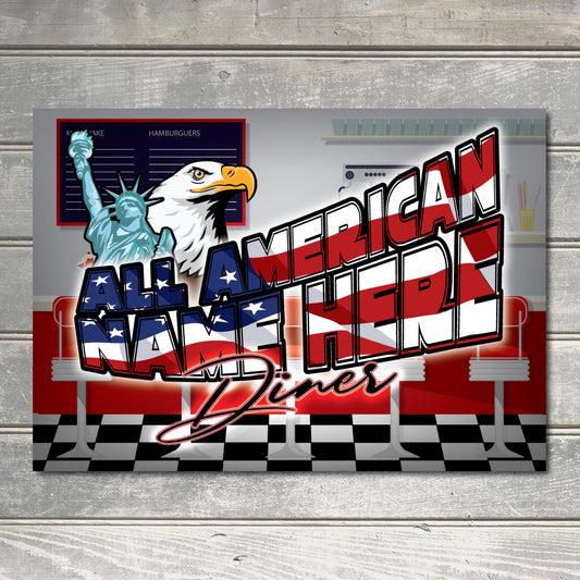 PERSONALISED All American Diner Restaurant Cafe Bistro Food Drinks USA Sign Fourth of July Decor BBQ Sign Area Custom Plaque Gift Name Metal 0486