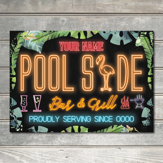 PERSONALISED Poolside BBQ Bar and Grill Outdoor Grilling Sign Friends Family Custom Decor Neon Effect Metal Plaque 0505-B