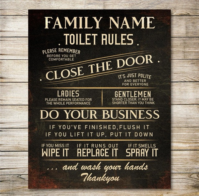 PERSONALISED Toilet WC Sign Metal Wall Door Signage Washroom Rule Vintage Plaque Black 0141