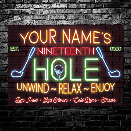 Personalised 19th Hole Golf Club Neon Effect Golfers Welcome Customised Wall Decor Gift Metal Plaque 0431