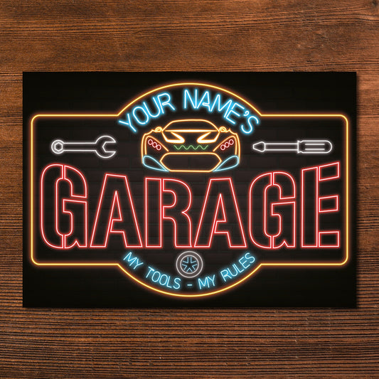Personalised Garage Neon Effect Sign For Men Mechanic Sign Custom Wall Decor Metal Plaque 0439