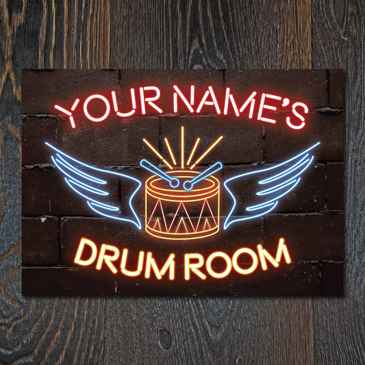 Personalised Neon Effect Drum Room Sign Drumming Decor Music Gift Metal Plaque 0449