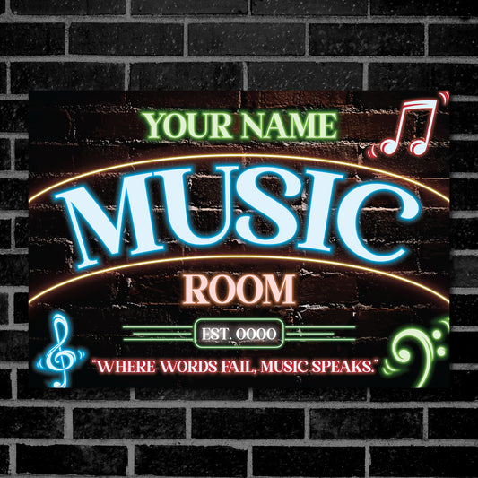 PERSONALISED Music Room Neon Effect Sign Classroom Custom Wall Metal Plaque 0506